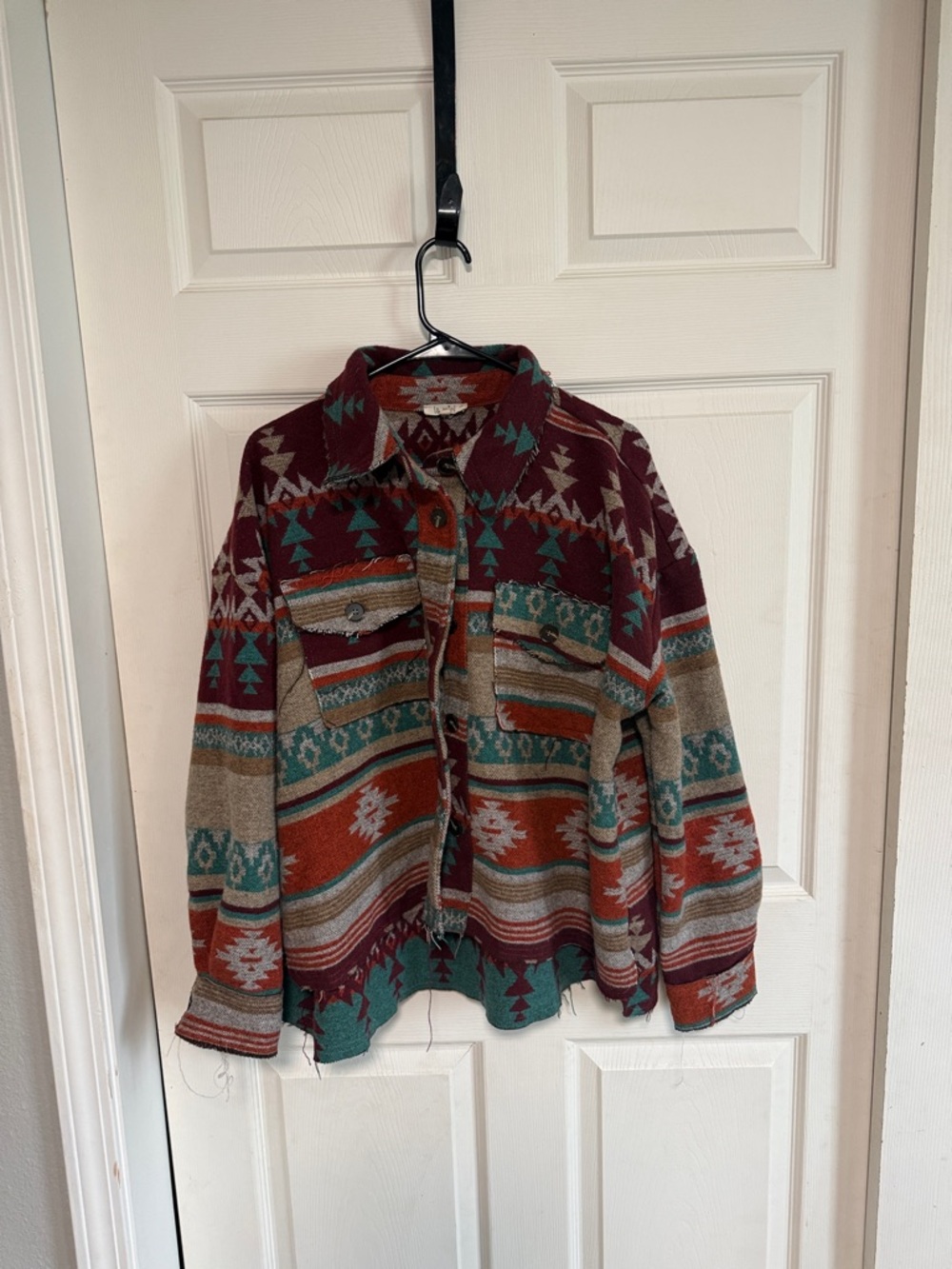 LA MIEL Southwestern Knit Cardigan in Burgundy, Teal & Rust